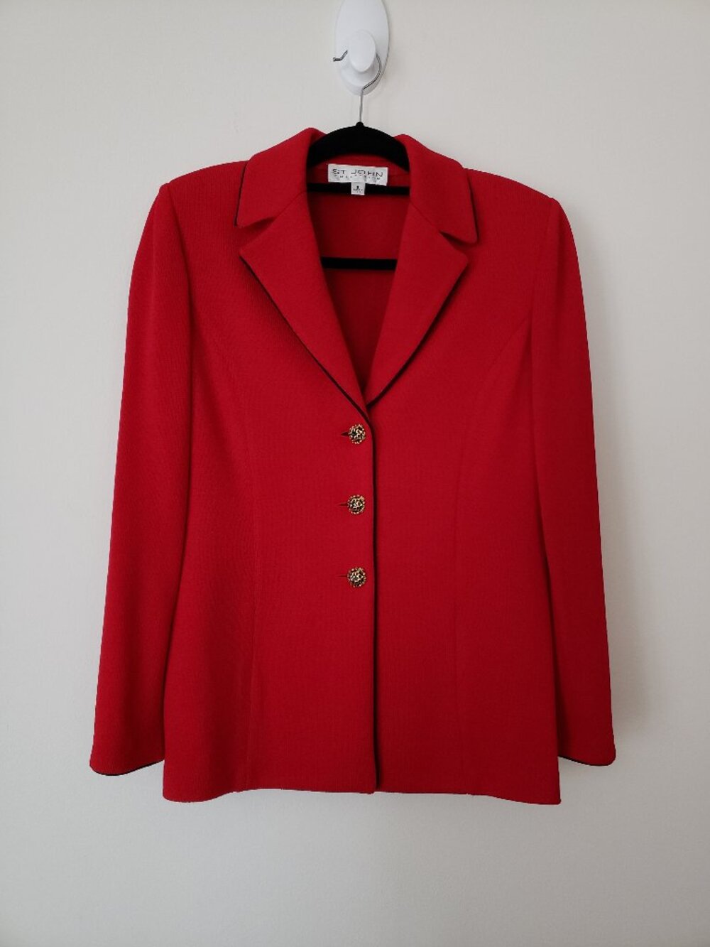 ST. JOHN COLLECTION Vibrant Red Blazer Black Trim Gold Toned Buttons Size 8